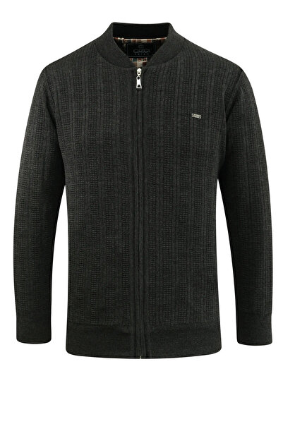 Çizgi Triko Men's Plus Size Lined Knitwear Coat with High Collar, Steel Knit Pattern, Classic Fit - 5209Tb