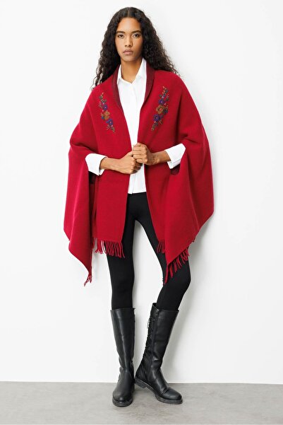Desen Triko Women's Embroidered Collar, Sleeve-Through, Large Wool Poncho, Cherry