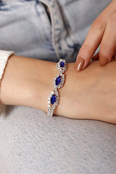 BİJUTERRİ Üç Taşlı Mavi Taşlı Gümüş Kaplama Su Yolu Bileklik Kadın Takı Aksesuar