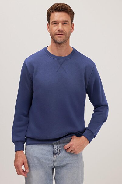 Tudors Unisex Relax Fit Rahat Kesim %100 Pamuk Basic İndigo Bisiklet Yaka Sweatshirt