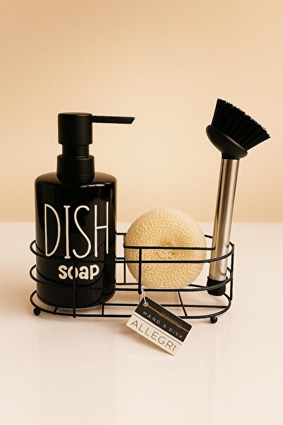 ALLEGRI Siyah Seramik 500 ml Sıvı Sabunluk Tezgah Üstü Banyo Mutfak Metal Sta...