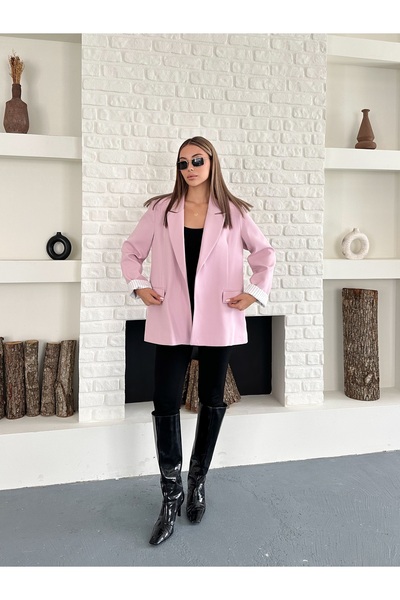 Femistik Kadın Cep Detaylı Düğmesiz Premium Pembe Blazer Ceket