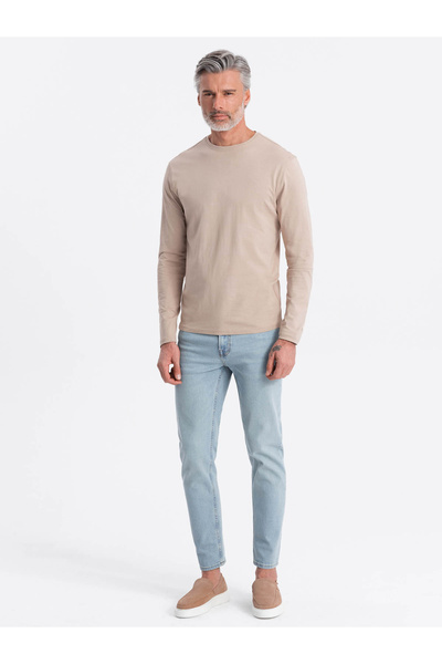 OMBRE Ανδρικό μακρυμάνικο BASIC με στρογγυλή λαιμόκοψη - μπεζ V8 OM-LSBL-0106 M