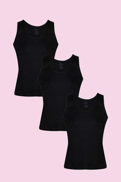 Ceylanoğlu Women's Black Ribbed Thick Strap Undershirt 3-Piece