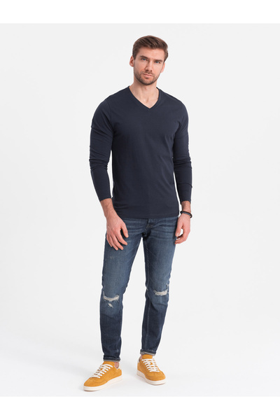 OMBRE Pánské nepotištěné tričko s dlouhým rukávem a výstřihem do V - tmavě modré V5 OM-LSBL-0108 XL