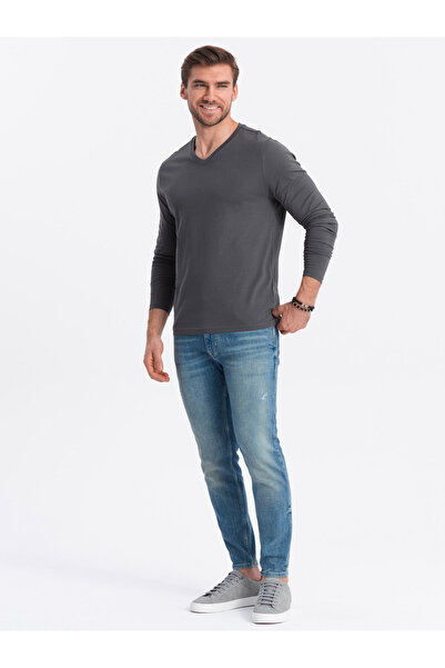 OMBRE Pánské nepotištěné tričko s dlouhým rukávem a výstřihem do V - grafitové V4 OM-LSBL-0108 L