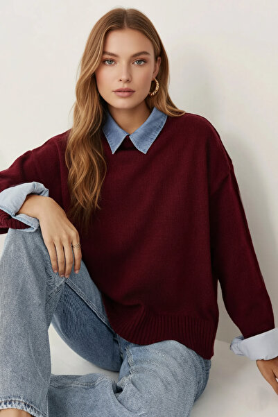 Dier Moda Pulover tricotat oversize cu gât roșu Claret Fmoda1977