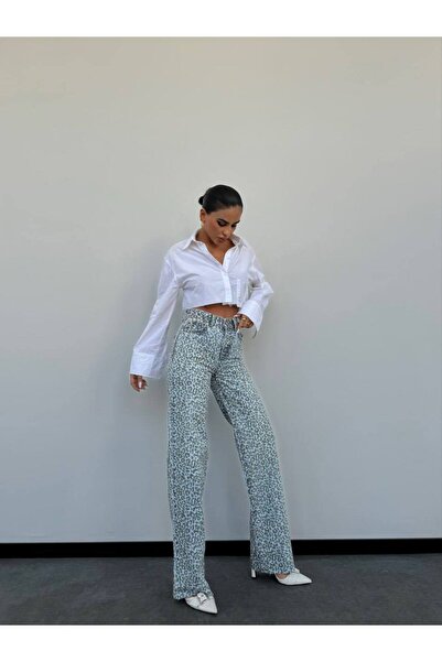 HerTon Kadın Yüksek Bel Leopar Desenli Geniş Paça %100 Pamuk Denim Pantolon