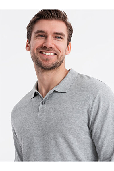 OMBRE Ανδρικό μακρυμάνικο μπλουζάκι με γιακά πόλο BASIC - γκρι μελανζέ V4 OM-POBL-0114 S