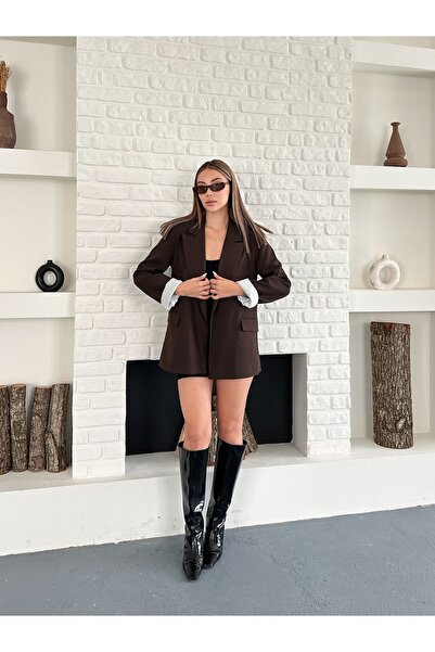 Femistik Дамско кафяво сако без копчета с детайли на джобовете