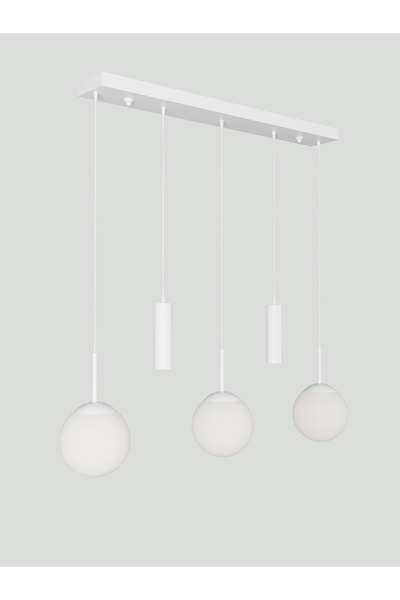 avizade NARA Beyaz Metal Gövdeli 5'li Modern Sıralı Sarkıt Avize- 2 Spot Led 3 Beyaz Cam Küre Avize