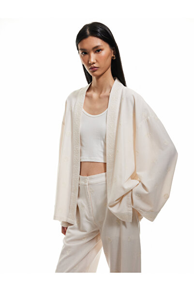 Koton Cotton-Viscose Blend Embroidered Detailed Brodeered 3/4 Wide Sleeve Long Kimono