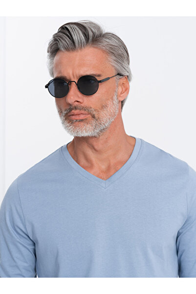 OMBRE Ανδρικό μακρυμάνικο χωρίς στάμπα με στρογγυλή λαιμόκοψη - μπλε τζιν V9 OM-LSBL-0108 XL