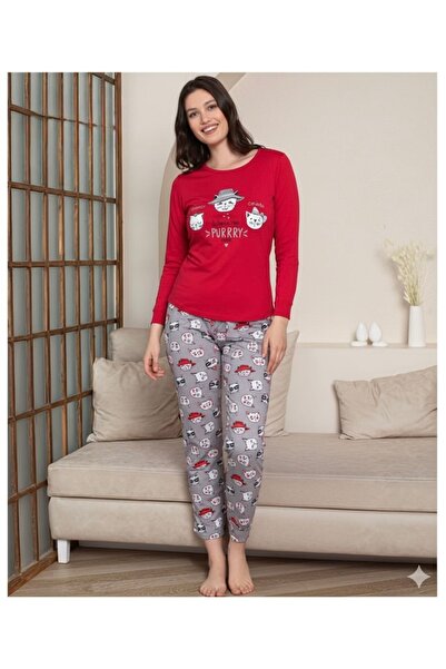 Şekerkids Mother-Daughter Cotton Combed Fabric Red Color Kitten Pattern Pajama Set