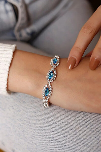 BİJUTERRİ Üç Taşlı Turkuaz Taşlı Gümüş Kaplama Su Yolu Bileklik Kadın Takı Aksesuar