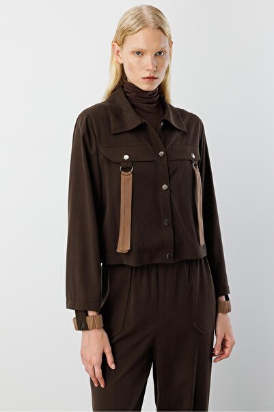 Moda İlgi Modailgi Şömziye Yaka Cep Kapakların Metal Toka ve Kuşak Detaylı Tunik - 40042 Kahve