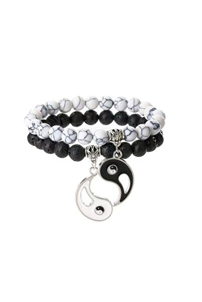 Tessero Set of two Ying and Yang bracelets made of natural stone, adjustable size,