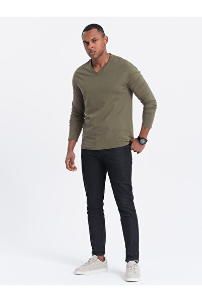 OMBRE Men's unprinted longsleeve with v-neck - dark olive V2 OM-LSBL-0108 XL
