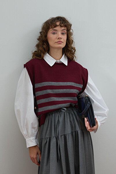 Ceylan Otantik Burgundy Sweater with Stripe Detail