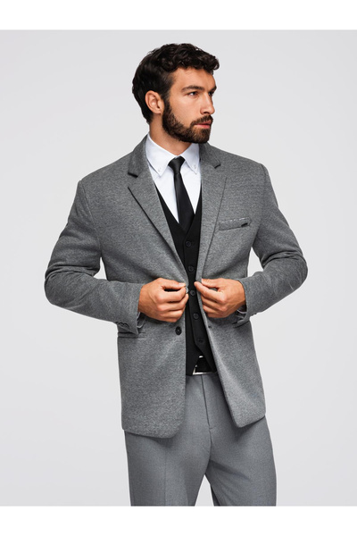 OMBRE Pánská pletená bunda s přiléhavým střihem - grafitová V1 OM-BLZB-0100 M