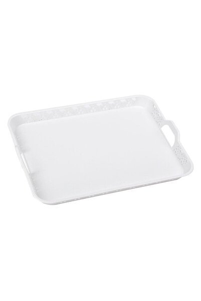 SHOPIENS Tavă de servire dreptunghiulară albă Shopiens® cu model de dantelă și mânere, plastic, 32 x 23,5 cm