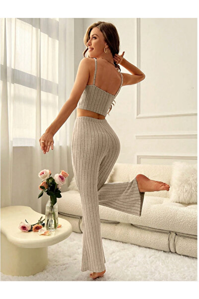 SWEETKORSE Mila Solid Thin Strap Top and Wide Leg Pants Without Piping Camisole Fabric Two-Piece Set Pajama Set