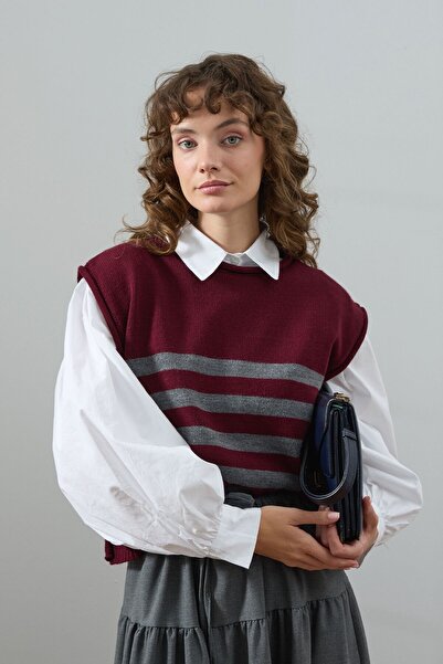Ceylan Otantik Burgundy Sweater with Stripe Detail