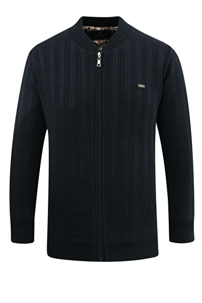 Çizgi Triko Men's Plus Size Lined Knitwear Coat with High Collar, Steel Knit Pattern, Classic Fit - 5209Tb