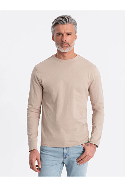 OMBRE Ανδρικό μακρυμάνικο BASIC με στρογγυλή λαιμόκοψη - μπεζ V8 OM-LSBL-0106 M