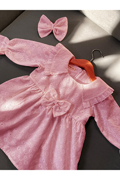 MONTİNA YAKA DETAYLI ASTARLI VINTAGE PREMIUM FİSTOLU FİYONKLU BEBEK ELBİSESİ VE SAÇ BANDI