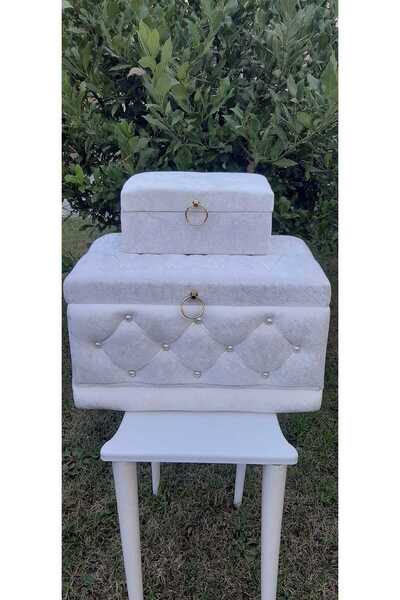 MarkaTurko BEYAZ RENK GOLD KULPLU İNCİLİ 2'Lİ SET LÜKS ÇEYİZ SANDIĞI 44-27