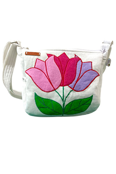 Lucille Craftshop Geantă albă cu lalele multicolore