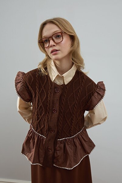 Ceylan Otantik Горчив кафе с ресни плетен кардиган