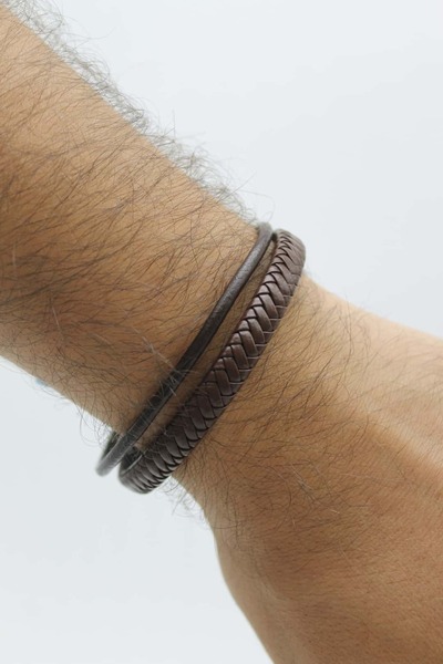 Nenya Steel Lock Double-Looked Fish Scale Model Men's Leather Bracelet