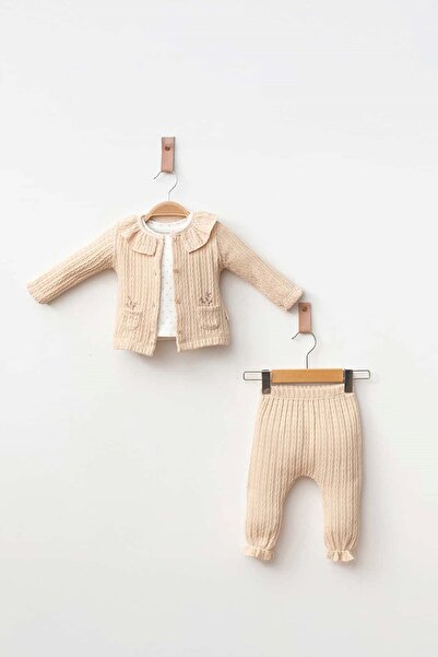 Banamio Jennie Collar Detailed Floral Embroidered Knitwear Cardigan Cotton Three-Piece Set