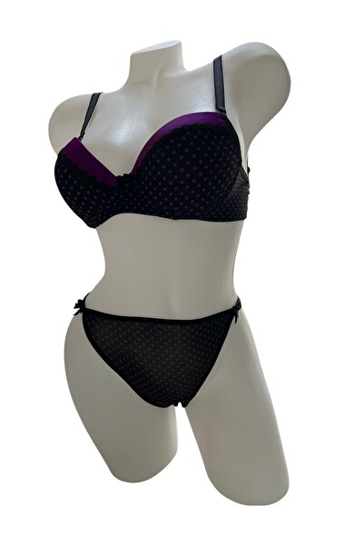 irem içgiyim Women's Black Purple Polka Dots Supported Padded Bra Set