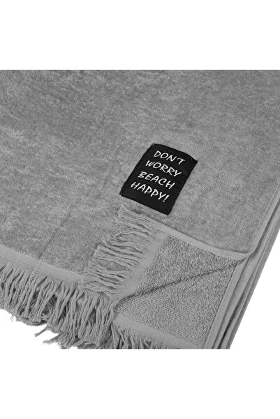 SHOPIENS Gray cotton beach towel Shopiens® with patch Don't worry Beach Happy, 90 x 170 cm