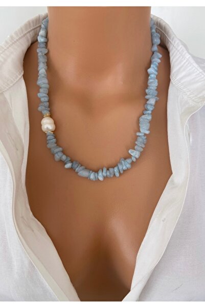 TARZ-I TAKI Real Pearl Aquamarine Natural Stone Ice Blue Women's Necklace Spe...