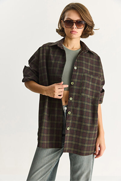 Bianco Lucci Kadın Tek Cep Detaylı Oversize Ekose Gömlek 513 60283572