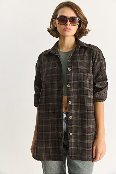 Bianco Lucci Kadın Tek Cep Detaylı Oversize Ekose Gömlek 513 60283572