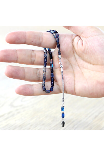 Tesbihane Ateş Kehribar Tesbih - 925 Ayar Gümüş Zincir Püsküllü - Bilek Boy - Mavi Beyaz Renk - Kapsül Kesim