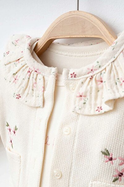 Banamio Molly Muslin Collar Detailed Cardigan with Floral Embroidery Booties Cotton Knitwear Three-Piece Set
