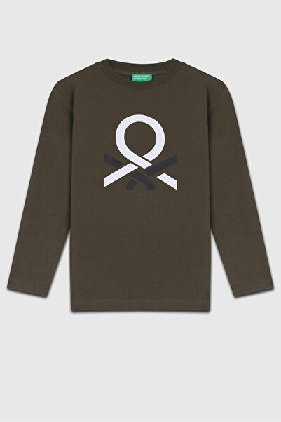 Benetton سويت شيرت مطبوع للأولاد من عمر 6 إلى 14 سنة كاكي