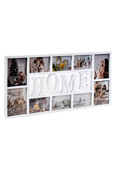 SHOPIENS decorative wall photo frame for 10 photos 10x15cm and 13x18cm, white with 'HOME' message, 7