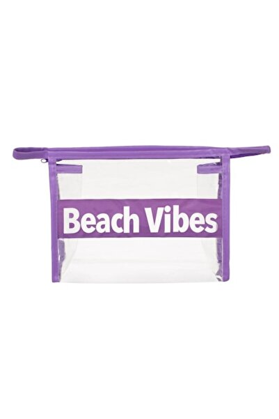 SHOPIENS Portfard de vara Shopiens®, transparent cu volane mov si imprimeu Beach Vibes, 20 x 6 x 17 cm