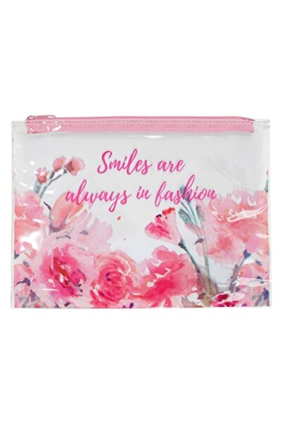 SHOPIENS Portfard Shopiens®, transparent cu fermoar roz flori si mesajul 'Smiles are Always in Fashion', 21.
