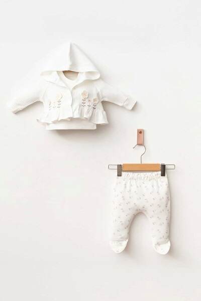 Banamio Carmella Floral Embroidered Hooded Appliqued Knitwear Cardigan with Booties Cotton Three-Piece Set