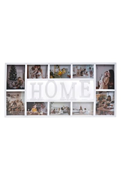 SHOPIENS decorative wall photo frame for 10 photos 10x15cm and 13x18cm, white with 'HOME' message, 7