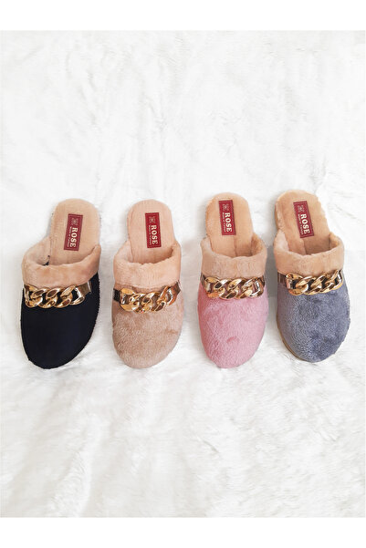 Efsun Chain Detailed Plush Non-Slip Soft Thick Soled Hospitality Winter Women's House Slippers