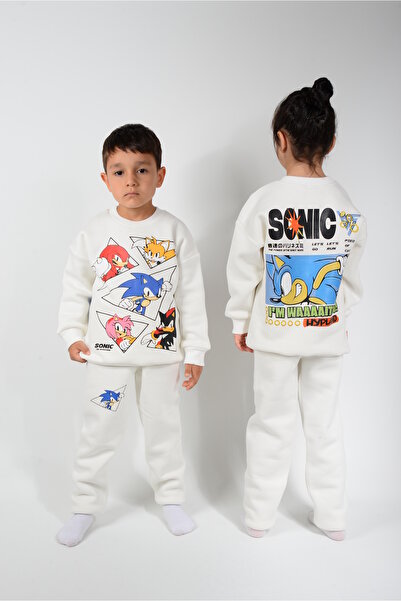 KİDSPİTİRCİK UNISEX KREM SONIC BASKILI 3 İPLİK ŞARDONLU KALIN TAKIM